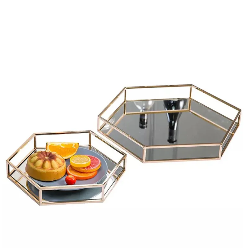 

Fruit Dessert Storage Tray Hexagonal Mirror Tray Tea Set Sprinkler Storage
