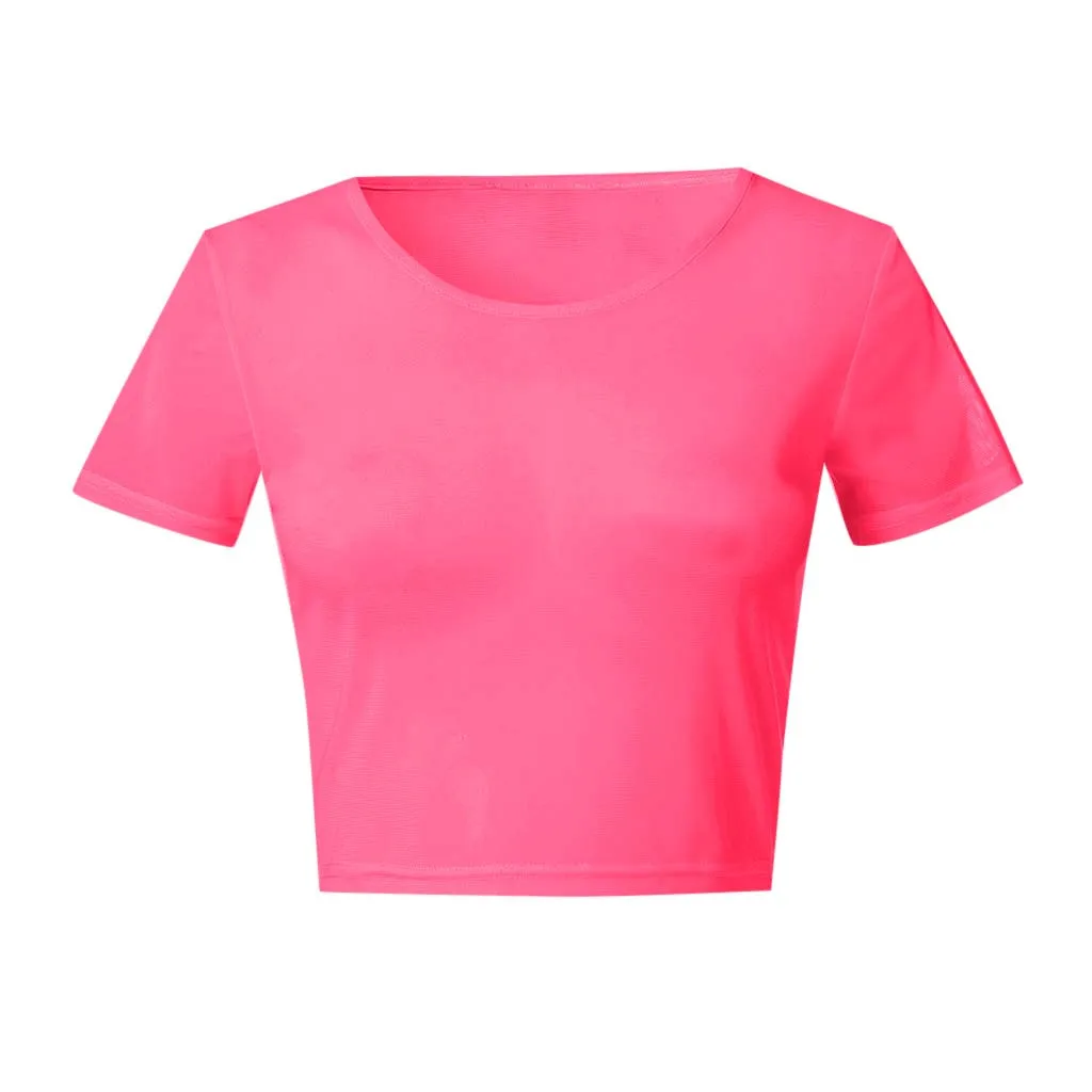 HOT Crop Top Sexy T Shirt Fashion Womens Tank Underwear Shor t Sleeve Sheer Mesh Streetwear Tees Slim Mesh See-Through Transpare
