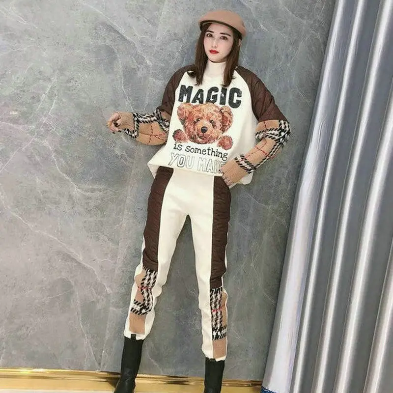 

2021 Fashion Stylish Fashion Brand Fleece-Lined Suit Women's Autumn and Winter Stitching Bear Hoodie Casual Pants Two-Piece Set