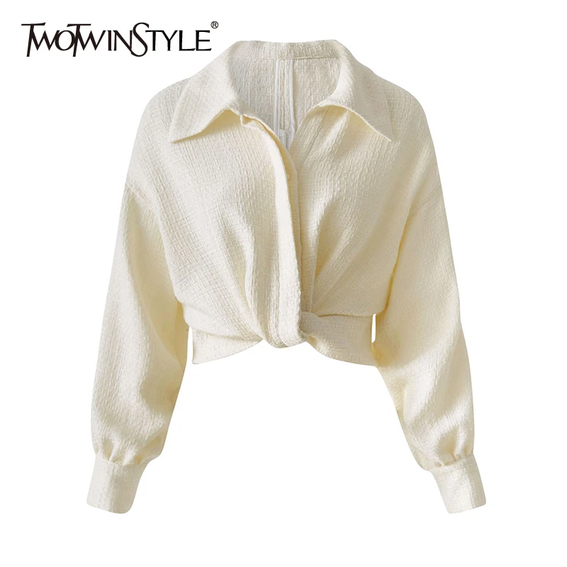 

TWOTWINSTYLE Streetwear Blouses For Women Lapel Loose Long Sleeve Plain Short Pullovers Female 2021 Autumn Fashion Clothing New