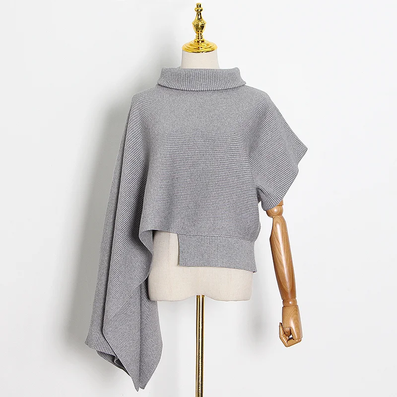 

GALCAUR Asymmetrical Sweater For Women Turtleneck Batwing Sleeve Irregular Hem Casual Loose Short Tops Female 2020 Fall Fashion