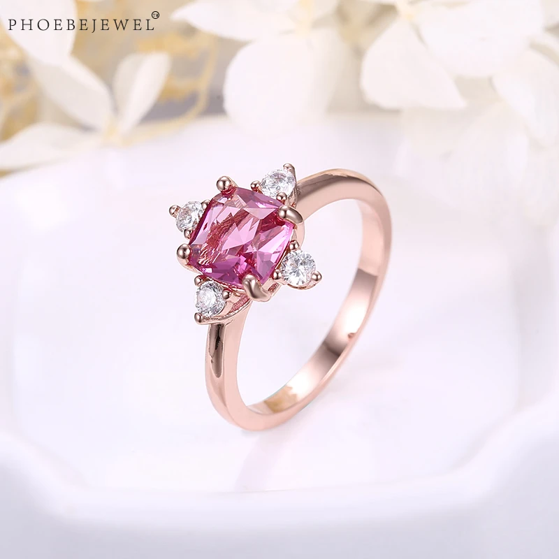 PHOEBEJEWEL новый дизайн розовое золото цвет женские кольца на палец с розовым CZ