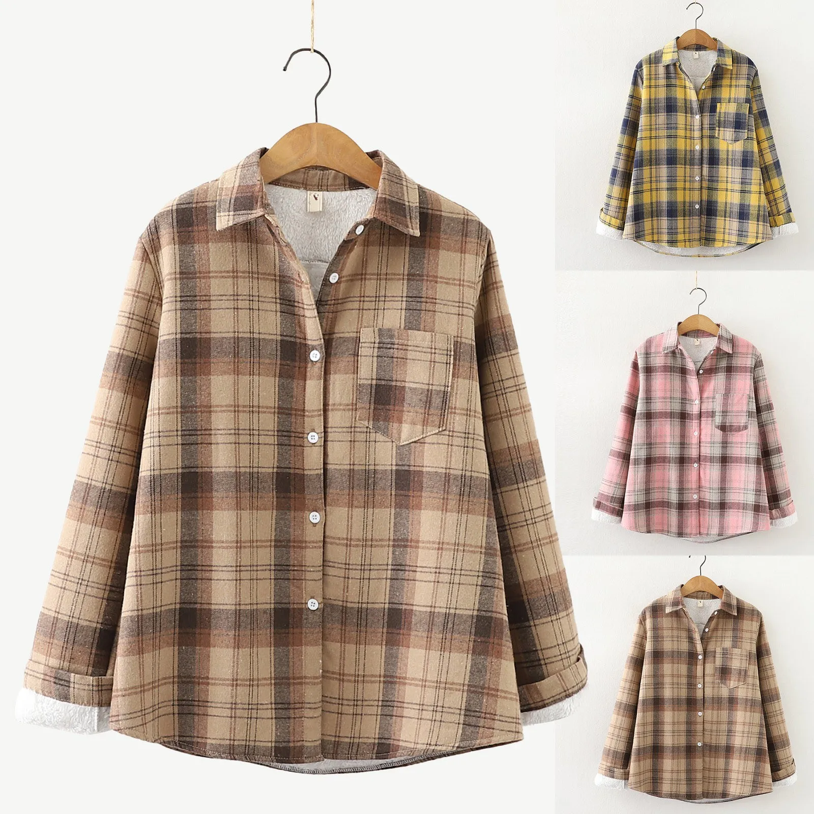 

Women Plus Velvet Cotton Pocket Coat Plaid Jacket Single-breasted Splicing Long Sleeve Mid-length Jacket