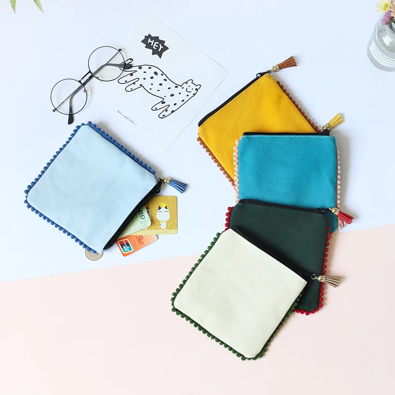 

Japan Style Tassel Edge Coin Purse Canvas Mini Pouch Women Small Change Purse Solid Color Square Coin Bags Girls Card Holder