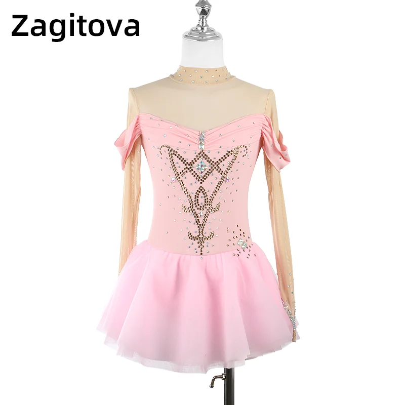 

Pink Figure Skating Dress Fingerpoint Sleeves Ice Skating Skirt Long-Sleeved Princess Skirt Pouf Skirt Competition Dresses