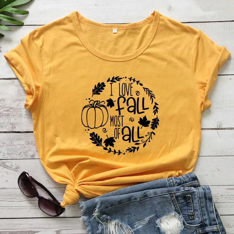 

I Love Fall Most Of All T-shirt Cute Autumn Pumpkin Graphic Tee Top Funny Women Short Sleeve Thanksgiving Gift Tshirt