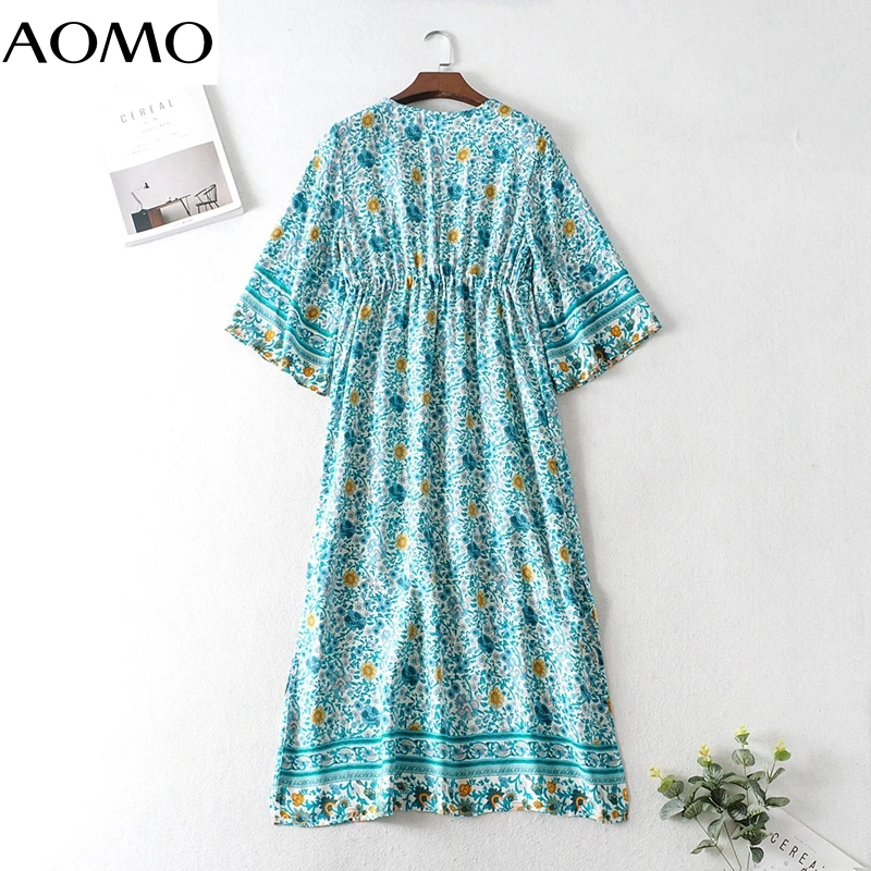 

AOMO fashion women floral print beach dress deep v neck 2020 Ladies tunic long Dress Vestidos JA27A