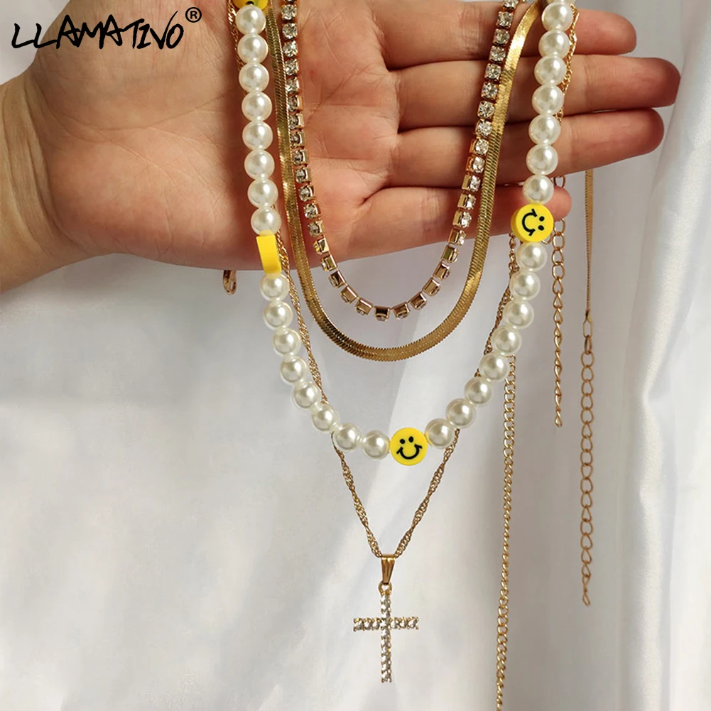 

Fashion Multi-layer Smiley Pearl Seed Beads Choker Necklace for Women Crystal Cross Snake Chain Metal Chain Necklace Jewelry New