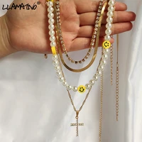 fashion multi layer smiley pearl seed beads choker necklace for women crystal cross snake chain metal chain necklace jewelry new