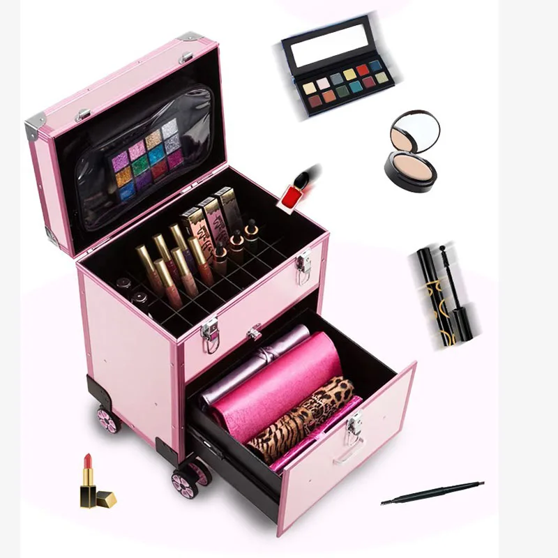 Makeup Luggage Travel Suitcases Luxury Cosmetic Storage Organizer Pink Vintage Professional Make Up Trolley Wheels Carry On Case