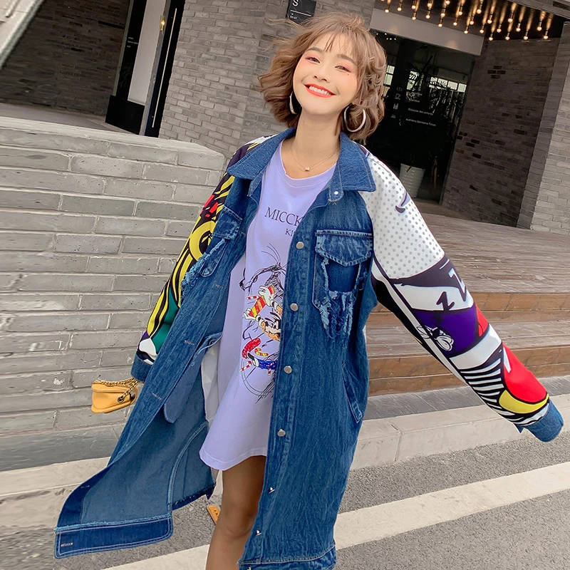 Весна-Осень 2021 женские длинные свободные джинсовые пальто с мультяшным принтом |