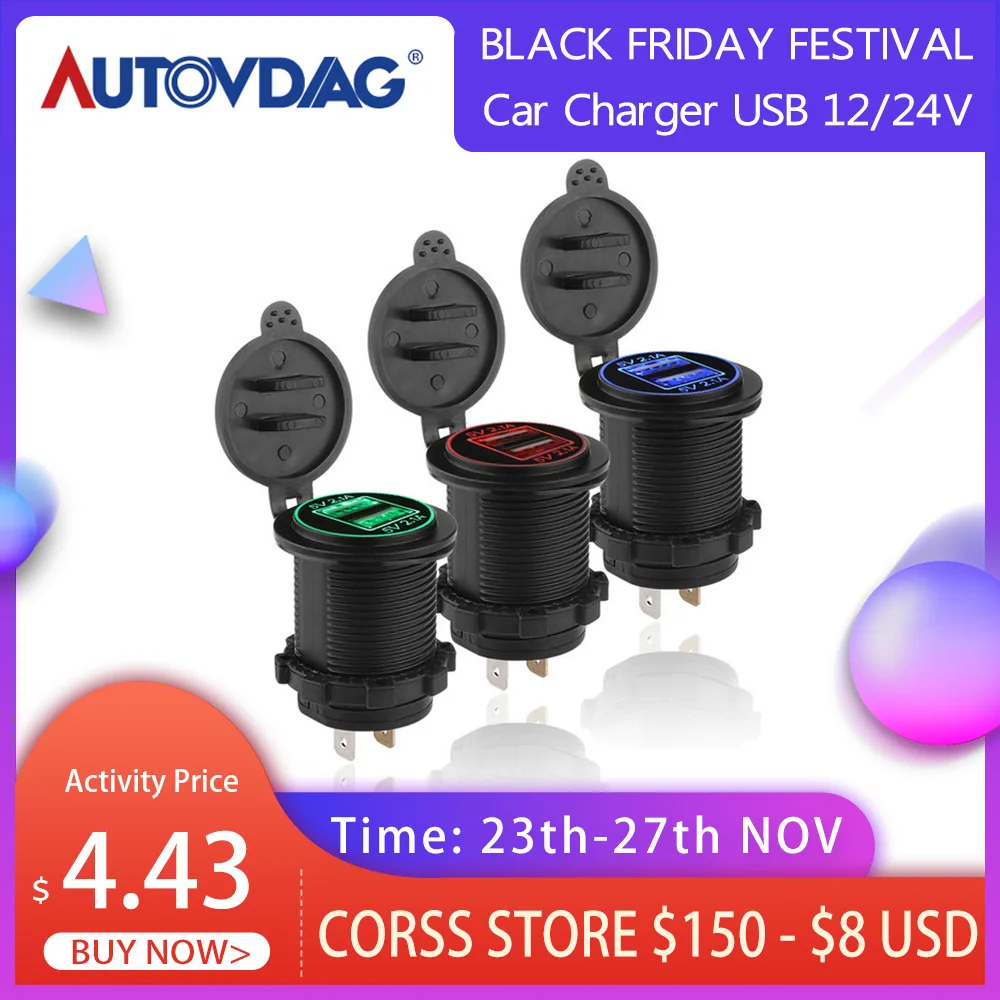 Автомобильное зарядное устройство USB 12/24 в черное водонепроницаемое
