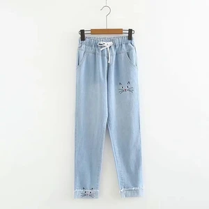 Женские джинсы с вышитым котом Merry Pretty, зимние прямые джинсовые штаны с эластичным поясом и карманами в стиле Харадзюку, 2020