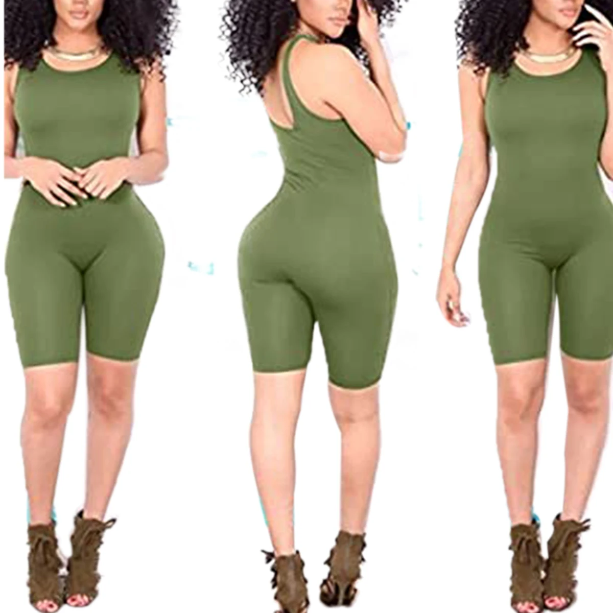 Женский Повседневный однотонный комбинезон без рукавов летний Модный с открытой