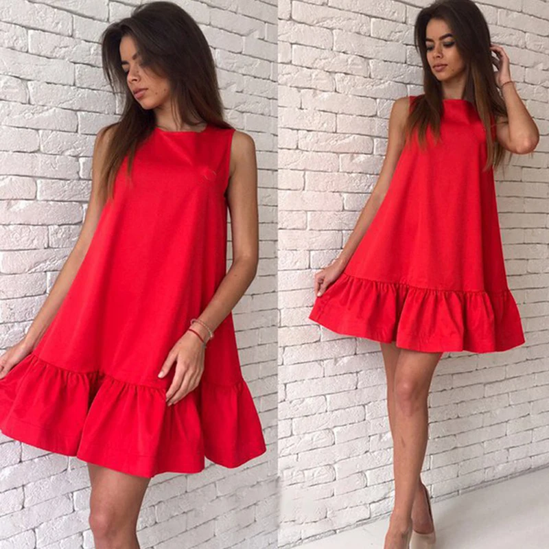 

Sleeveless Summer Dress Women Plus Size Beach Party O Neck Blue Mini Dress 2020 Red Ruffle Casual Loose Sundress Ladies Vestidos
