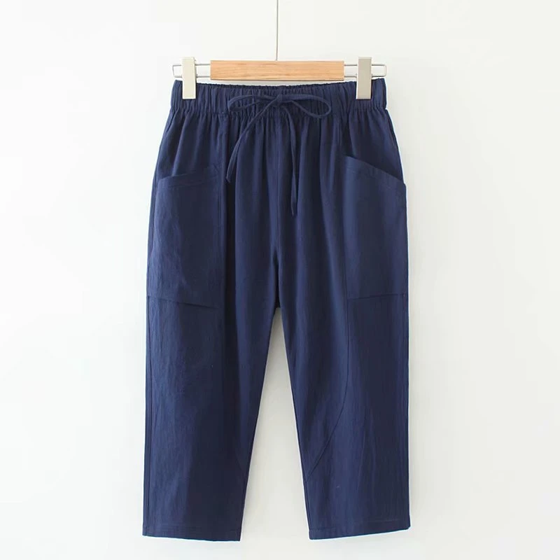 

Plus Size XL-4XL Blue Green Cropped Pants Casual Summer Large Size 3/4 Summer Trousers