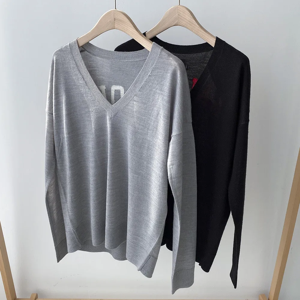 

Black or Gray Sweaters Women V-neck 100% Wool Letter Printed Knitwear Tops