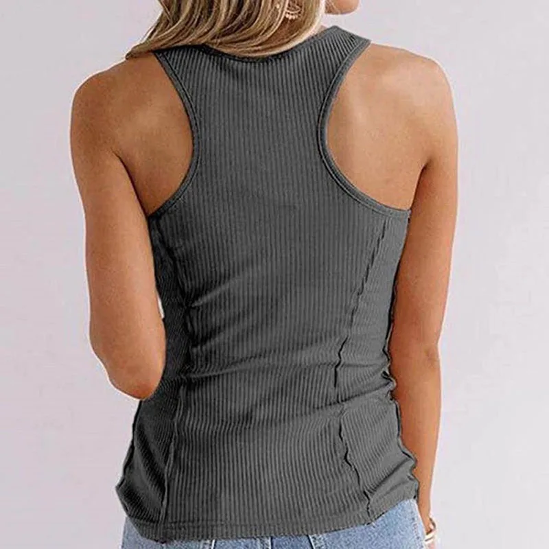 

Women's Summer Solid Stretch Tank Tops Ladies Buttons Sexy V-Neck Tops Fashion Vest Camisole Casual Sleeveless Female Tops