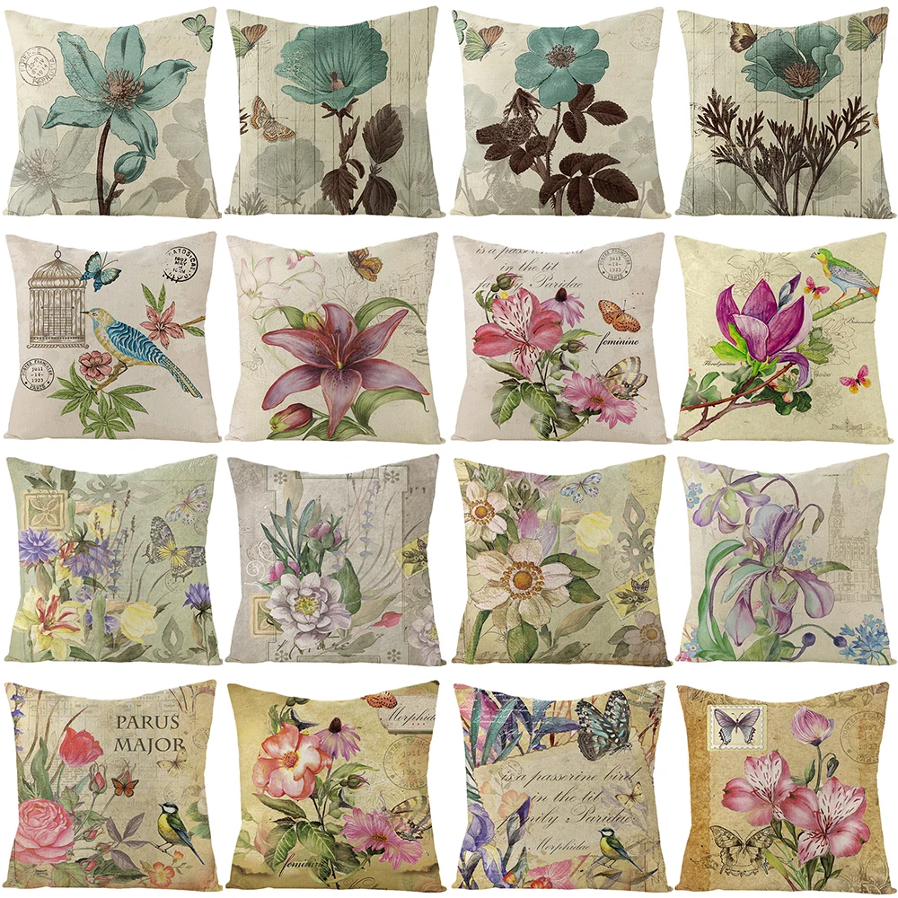 

Retro Style Pillowcase Plant Flowers Birds Pattern Decorative Throw Pillows Linen Cushion Cover 45X45 Living Room Sofa Cushions