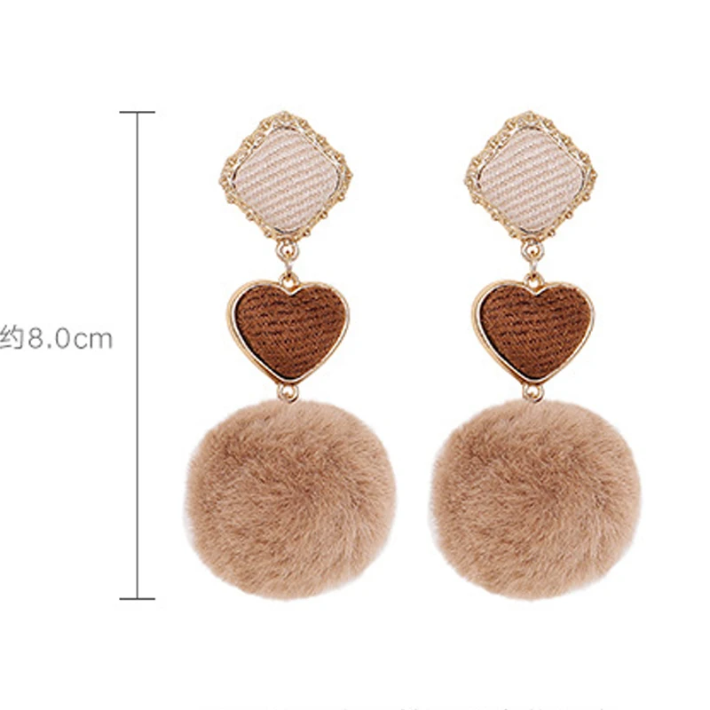 

Autumn Retro Khaki Pompom Big Hairball Long Dangle Earrings For Women Korean Fashion Velvet Heart Statement Drop Earring Jewelry