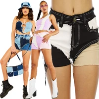 patchwork denim shorts women casual ripped jean shorts irregular straight leg shorts summer female street clothing
