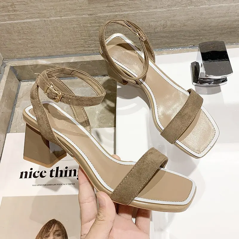 

Women's Fashion Thick Heel Shoes Female Outdoor Square Head Black Mid Heels Sandals
