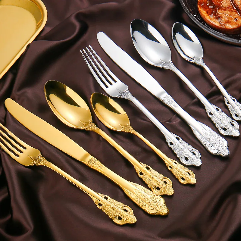 

Vintage Western Gold Plated Cutlery Set Tableware Set Knives Forks Teaspoons Set Dinnerware Set