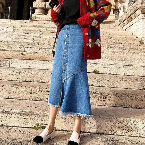 Повседневная Асимметричная Джинсовая юбка миди Женская с бахромой бедра высокая