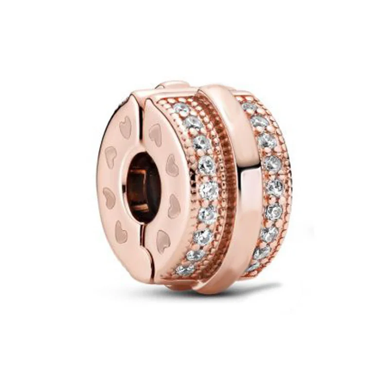 

Pre-Atumn New 2021 Signature Pink Sparkling Pave Lines Clip Charms Beads fit Original Pandora Bracelets for diy Jewelry Making