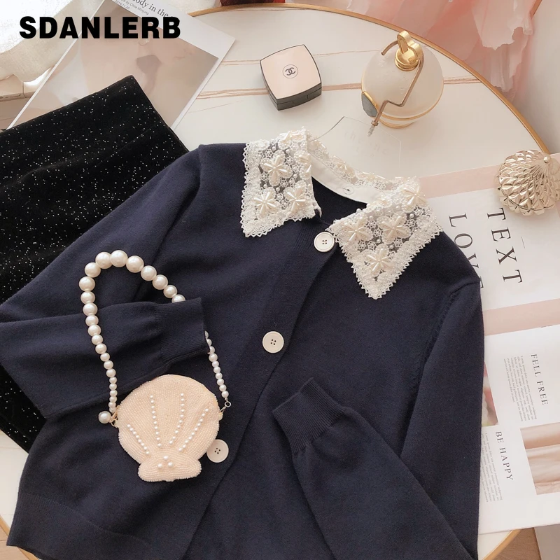 

Elegant Embroidery Pearl Flower Collar Knitted Cardigan Long Sleeve Solid Color Coat for Women Loose All-matching Knitwear
