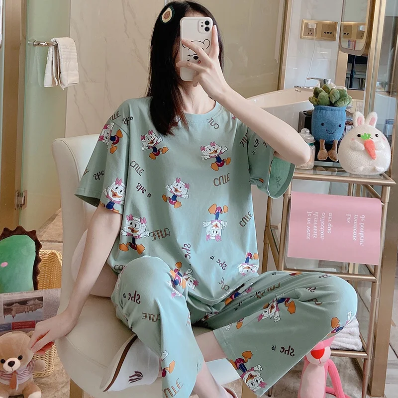 

Women's Short-Sleeved Trousers Pajamas Summer Korean Style Thin Pure Cotton Two-Piece Suit Green Duck Spring and Autumn Homewear