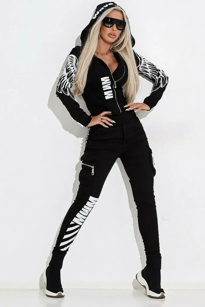 2020 Women Two Piece Outfits High Street Spring Clothing Zip Cardigan Hooded Coat Cotton Blends Ankle-Length Sweatpants Printing