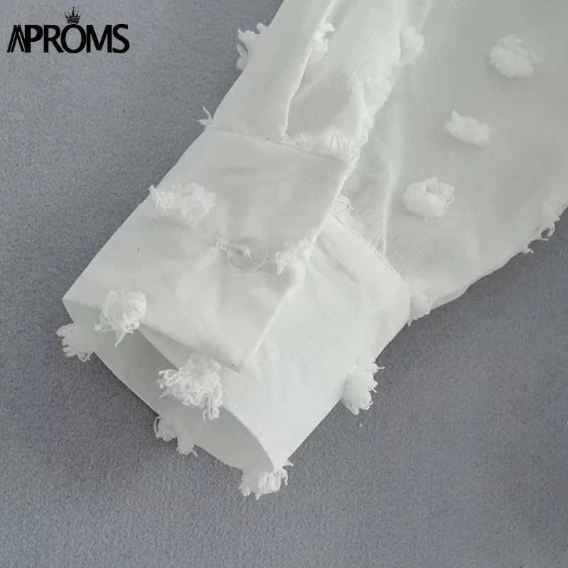 Aproms, винтажные, в горошек, с кисточками, белые блузки, рубашки для женщин,, длинный рукав, Пляжная туника, элегантная шифоновая рубашка, повседневные женские топы