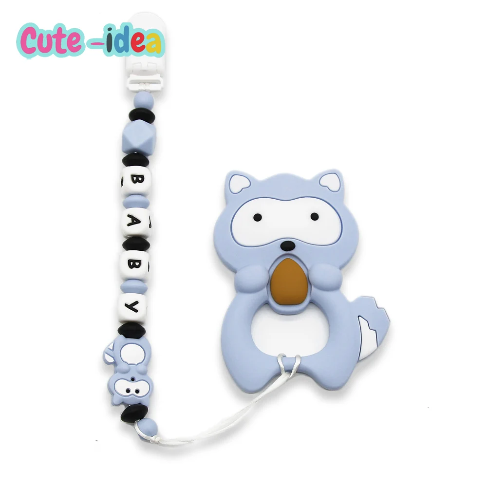 

Cute-idea 1set Silicone Raccoon Beads Cartoon Animal Pacifier Chain Handmade Baby Personalized Name Teething Nursing chains Toys