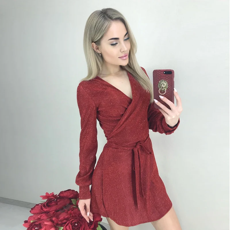 Для женщин пояса блестящий сексуальное платье с v образным вырезом вечерние