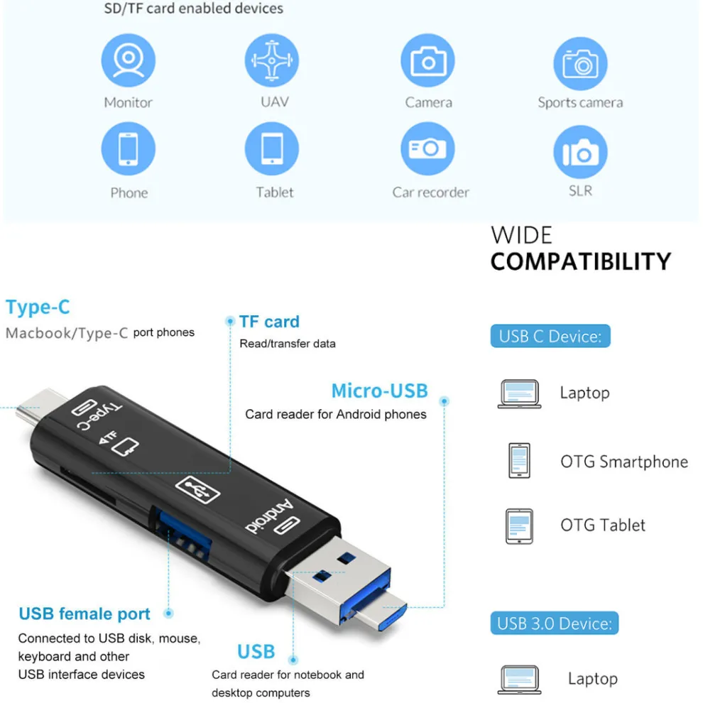 LccKaa Type C и Micro USB 5 в 1 OTG кардридер флэш накопитель высокоскоростной Универсальная TF