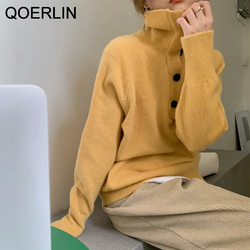 

QOERLIN Soft Turtleneck Button Up Sweater Winter Women Loose Knitted Sweaters Female Pullovers Warm Basic Knitwear Yellow Jumper
