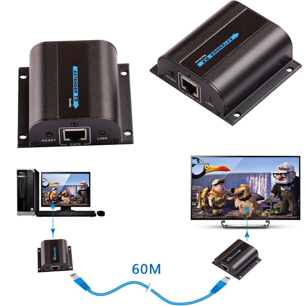 

1080p HD Extender HDMI-compatible via Cat6 Cat 6A 7 Rj45 Ethernet Network Cable 60m Extension Like Splitter Transmitter Receiver