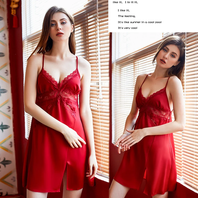 

Ladies' High-End Beauty Back Deep V Temptation Sexy Suspender Nightdress Ice Silk Lace Sexy Lingerie Ladies Nightdress