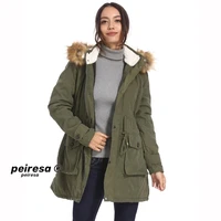 peiresa womens jacket solid color windbreaker clip cotton warm waist mid length zipper hooded fur collar coat autumn winter2021