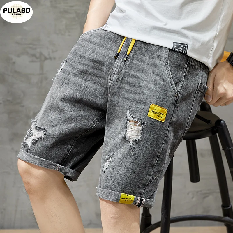 

Summer New Beach Casual Men Shorts Straight Ripped Knee Length Denim Shorts Drawstring Loose Hole Male Short Jeans