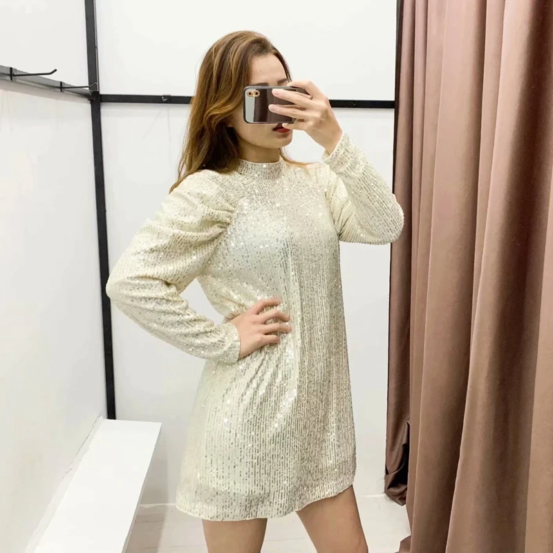 PUWD 2019 Autumn and winter new women's long sleeve fashion style Sequin dress round neck waist short skirt | Женская одежда