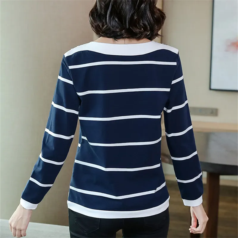 

Women O-Neck Striped Cotton T-Shirt Autumn New Fashion 2020 Long Sleeve Tee Shirts Casual Office Lady Plus Size M~4XL Loose Tops