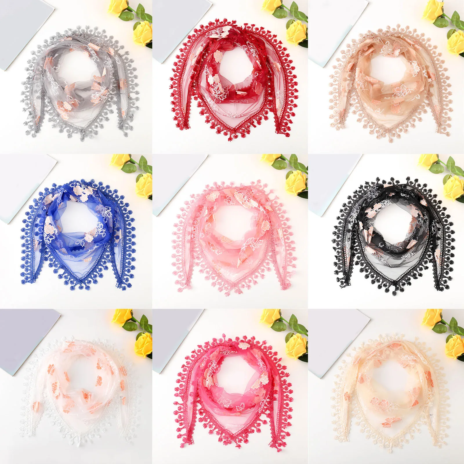 

2020 Newly Design Elegant Women Lady Floral Lace Scarf Mesh Guaze Tassel Scarves Shawl Neck Wrap Cheap