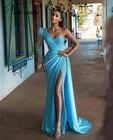 Женское вечернее платье на одно плечо, голубое платье с разрезом сбоку, с блестками