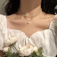 new trendy kpop pearl choker necklace elegant double layer chains metal pendant for women girl simple jewelry accessories gift