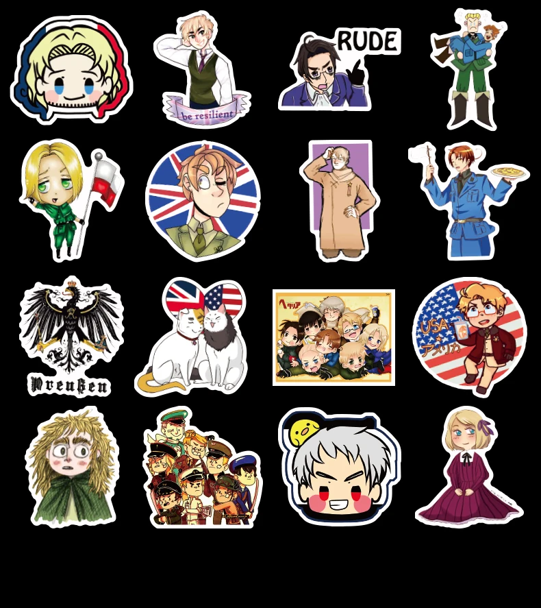 

50Pcs Anime Axis Powers Hetalia DIY Cartoon Sticker Waterproof Guitar Skateboard Luggage Phone Decal Decor Toy Student Cosplay