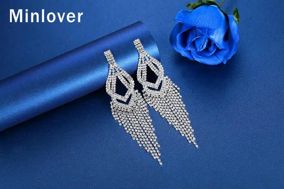 Серьги-подвески Minlover серебристого цвета с длинной металлической кисточкой для женщин, корейские стразы, свадебные серьги с бахромой, ювелирные изделия MEH1647