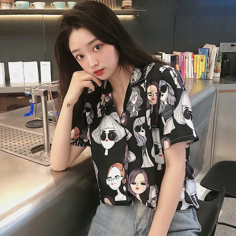 

2020 Women Blouse Tops Fashion Beauty Printing Short Sleeve Turn-down Collar Office Casual Shirts Blouses Loose preppy style