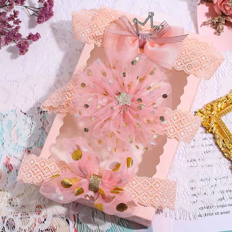 

Комплект из 3 предметов для маленьких девочек повязка на голову, бусинами и бантом детские повязки, резинки для волос для девочек; Корона при...